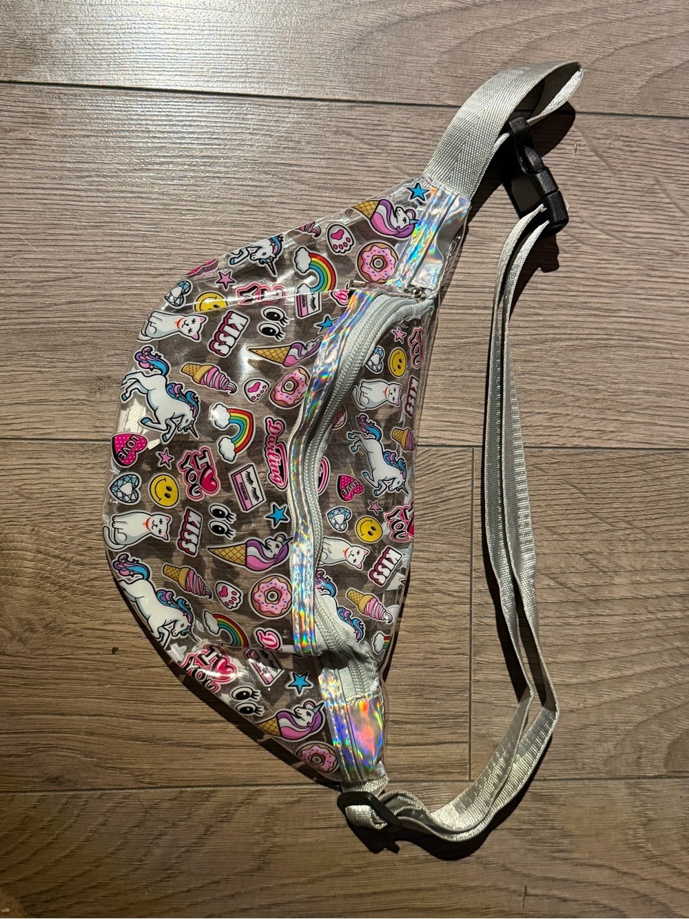 Holographic Silver Kids Waist Bag with Colorful Cartoon Print